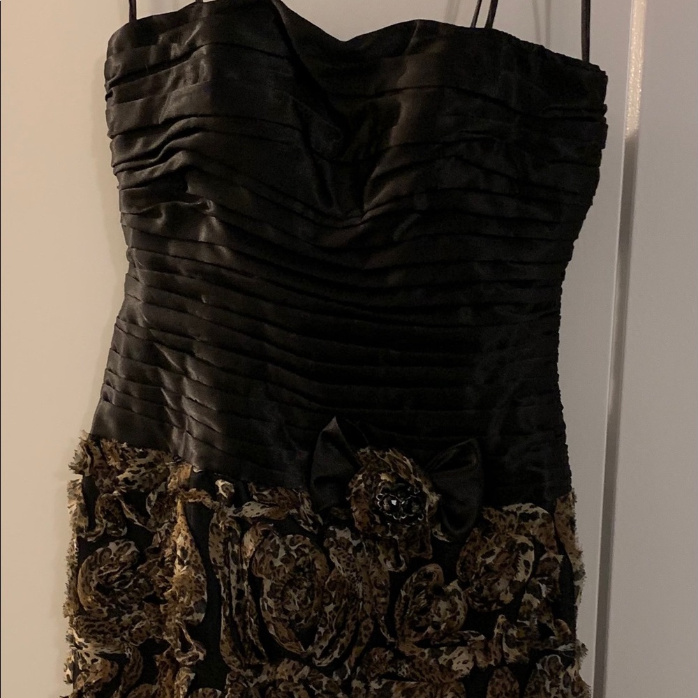 Black Satin Mini Dress leopard flowers on skirt